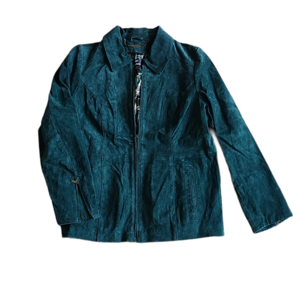 Dark Teal Blue Suede Leather Jacket w/ printed satin lining - Picture 2 of 4
